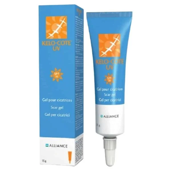 Étui et tube bleus Kelo-Cote UV SPF 30 gel silicone pour cicatrices