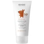Tube blanc Babé Pediatric lotion solaire SPF50+ avec mascotte chien