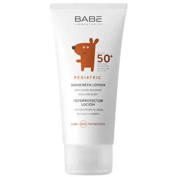 Tube blanc Babé Pediatric lotion solaire SPF50+ avec mascotte chien