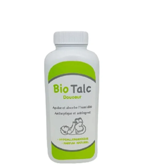 bio-talc-100g-removebg-preview.jpg Flacon blanc et vert Bio Talc Douceur avec bouchon saupoudreur, 100 g