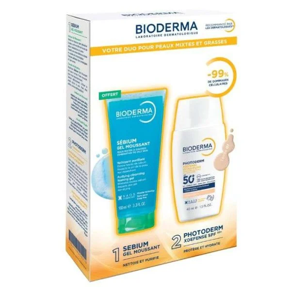 Coffret Bioderma avec tube Sébium gel moussant et fluide Photoderm Xdefense SPF50+