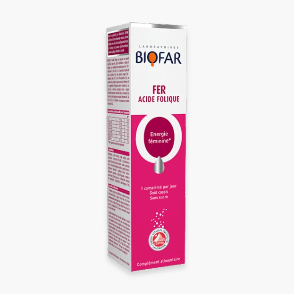 biofar-fer-acide-folique-energie-feminine-effervescents-20-comprimes.jpg Tube Biofar Fer Acide Folique, 20 comprimés effervescents, étui rose