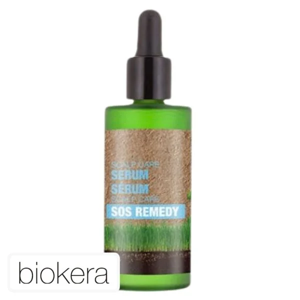 Flacon vert compte-gouttes Biokera Scalp Care sérum SOS Remedy, étiquette kraft