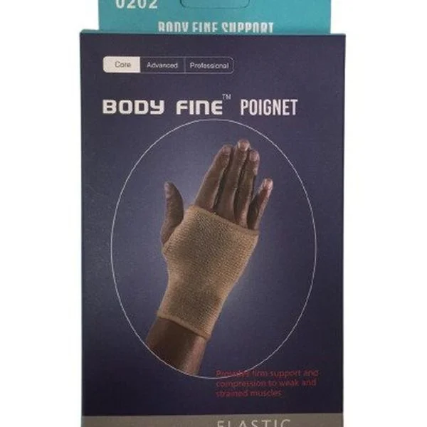 Boîte bleue du poignet élastique Body Fine porté sur une main