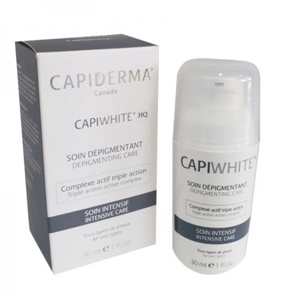 capiderma-capiwhite-hq-soin-depigmentant-35ml.jpg Étui et flacon pompe Capiderma Capiwhite HQ soin dépigmentant 30 ml