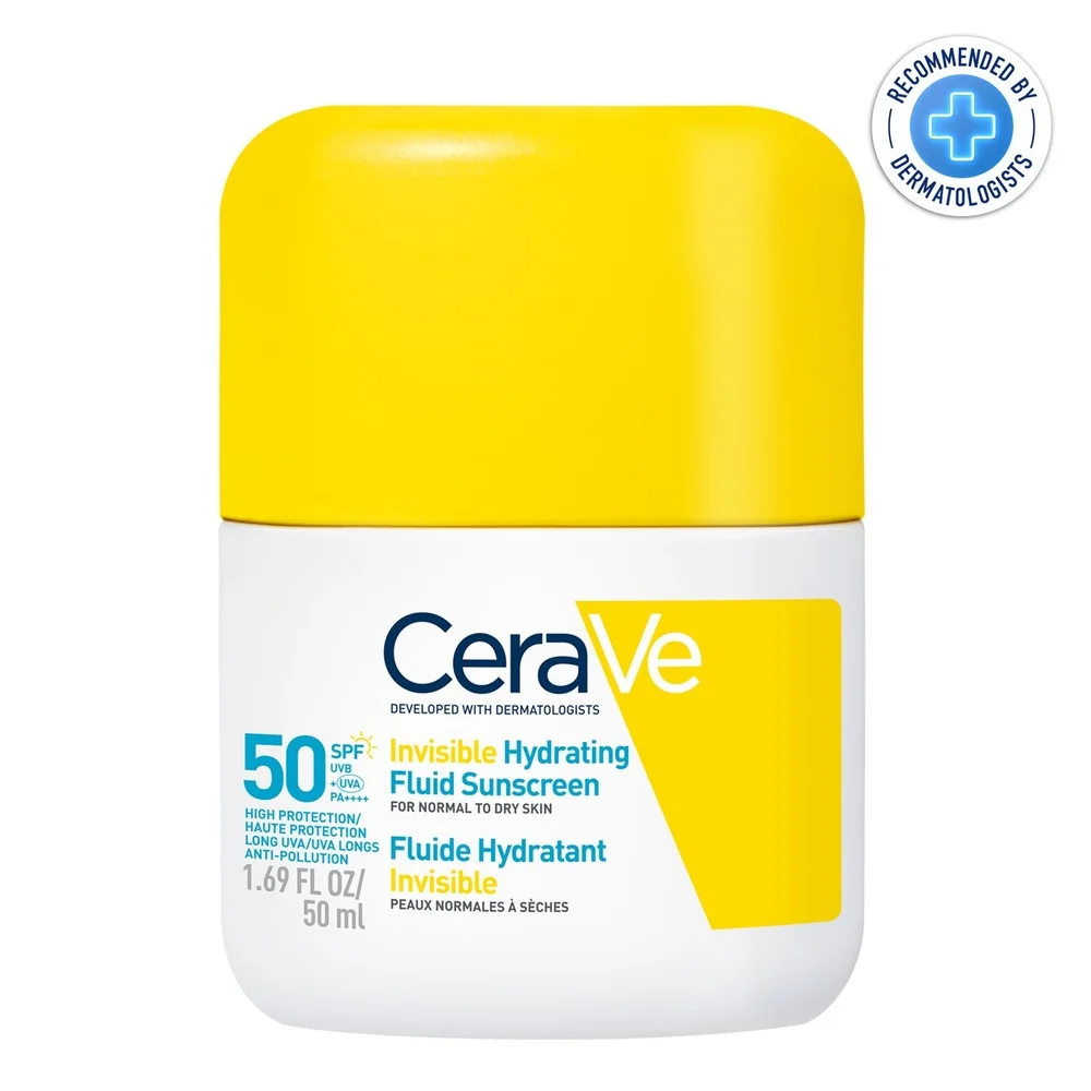 cerave-fluide-hydratant-invisible-spf50-peau-normale-a-seche-50ml.jpg Flacon blanc et jaune CeraVe Fluide Hydratant Invisible SPF50, 50ml