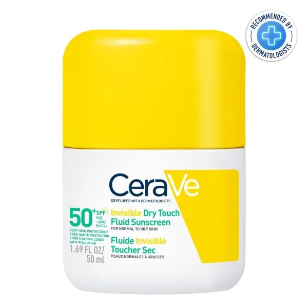Flacon blanc et jaune CeraVe Fluide Invisible Toucher Sec SPF50+, 50ml