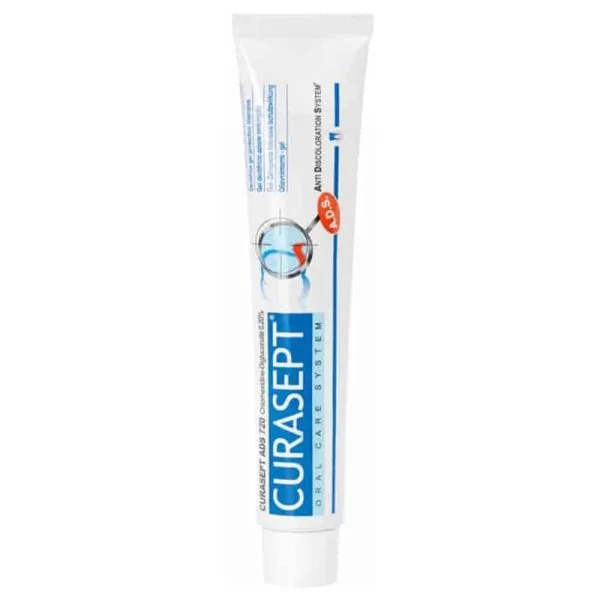 Tube blanc et bleu dentifrice gel Curasept ADS 720 chlorhexidine