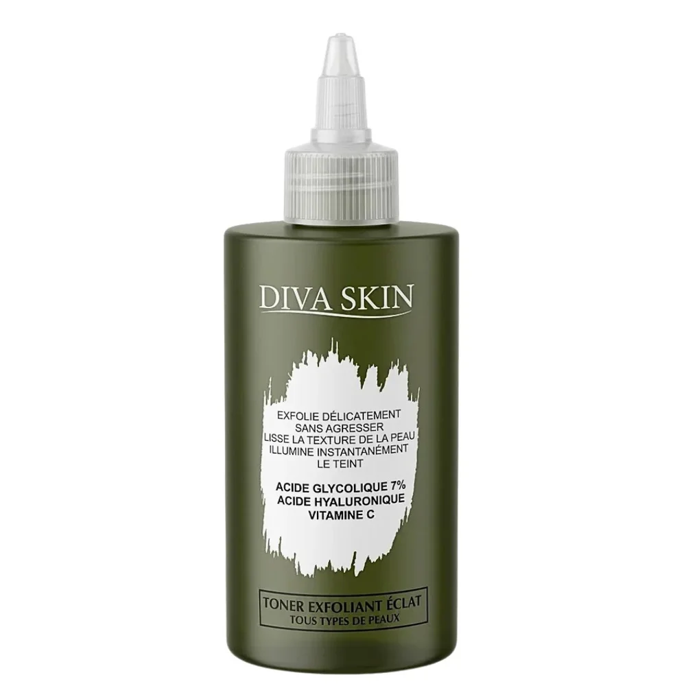diva-skin-toner-exfoliant-eclat-200ml.jpg Flacon vert olive Diva Skin, toner exfoliant éclat 200 ml