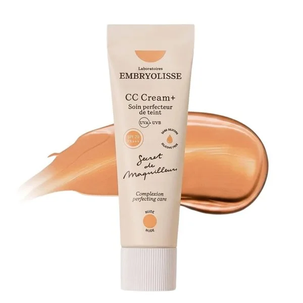 Tube beige Embryolisse CC Cream+ teinte nude avec texture beige étalée