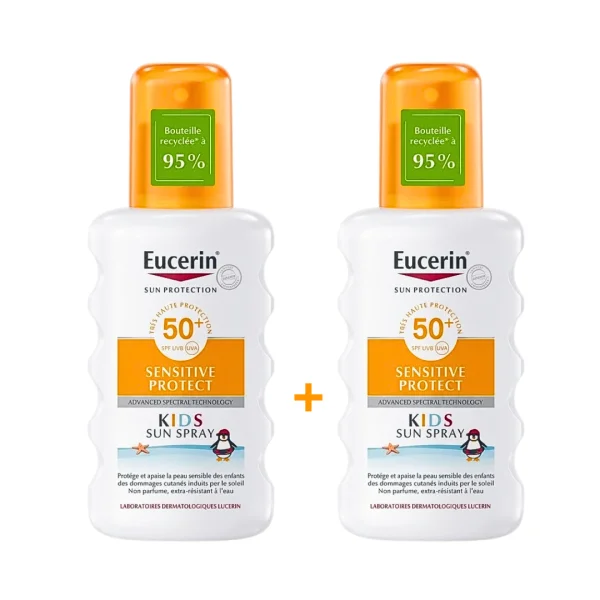 Deux flacons orange Eucerin Kids Sun Spray SPF50+ format 200 ml