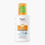 Flacon orange Eucerin Sun Kids Spray Solaire SPF50+ format 200 ml