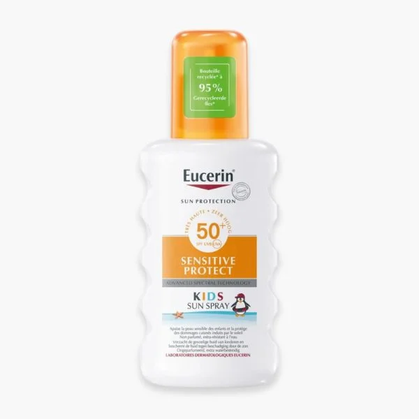 Flacon orange Eucerin Sun Kids Spray Solaire SPF50+ format 200 ml