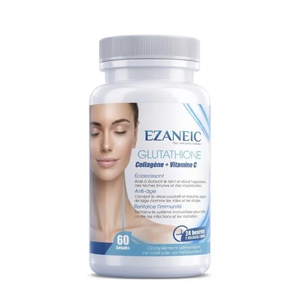 Flacon blanc Ezaneic Glutathione collagène et vitamine C, 60 gélules