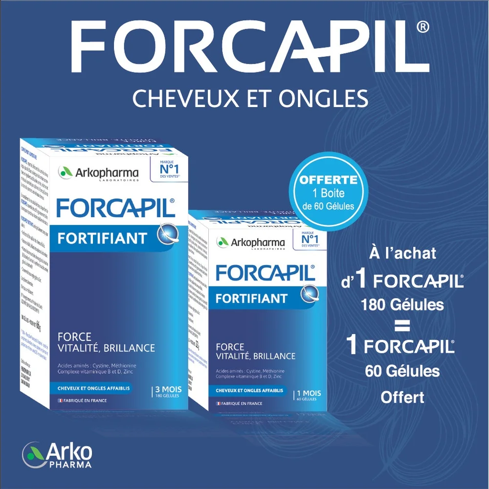 forcapil-promo-11024_1.jpg Boîtes Arkopharma Forcapil Fortifiant 180 gélules et 60 gélules sur fond bleu