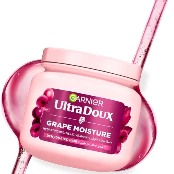 Pot rose incliné Garnier Ultra Doux masque Grape Moisture cheveux déshydratés