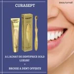Tube et étui doré Curasept Luxury Whitening Gold Lux avec brosse à dents dorée