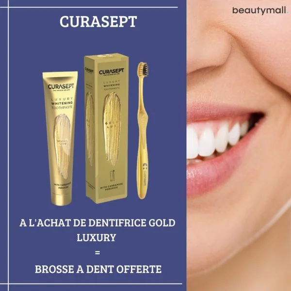 Tube et étui doré Curasept Luxury Whitening Gold Lux avec brosse à dents dorée