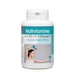 Flacon blanc de gélules Multivitamines A+D3+C+Groupe B, étiquette turquoise et blanche.