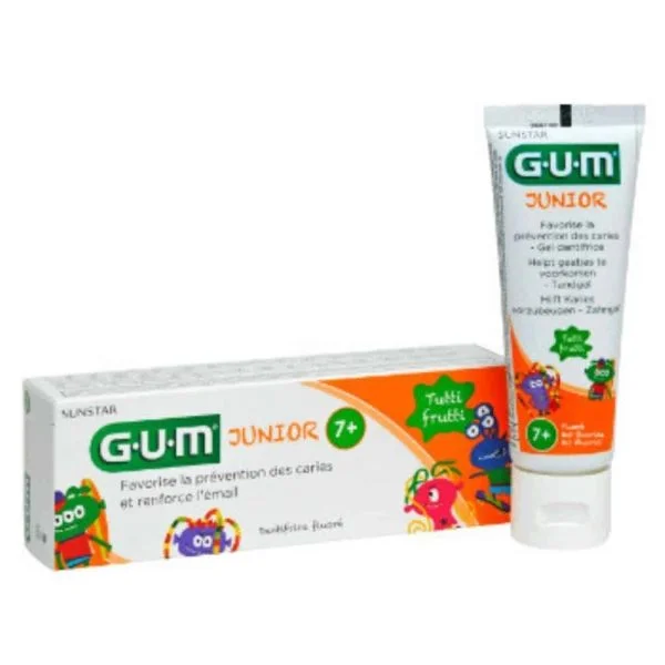 Tube et étui de gel dentifrice GUM Junior Tutti Frutti orange