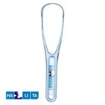 Gratte-langue en plastique bleu translucide Halita, logo de la marque