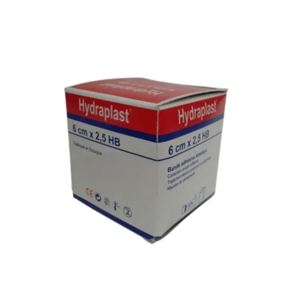Boîte rouge et blanche Hydraplast, bande adhésive élastique 6 cm