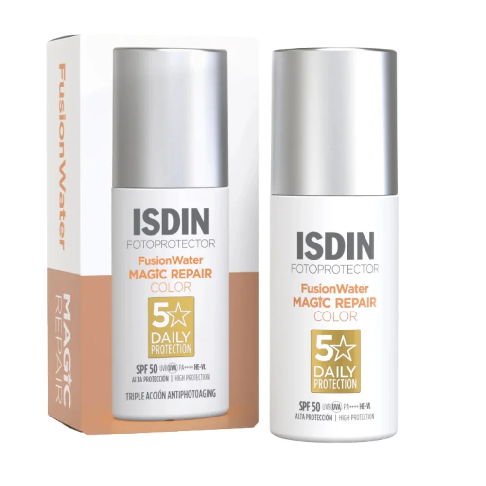 isdin-fotoprotecteur-fusion-water-magic-repair-color-50ml.jpg Flacon et étui ISDIN Fusion Water Magic Repair Color SPF 50