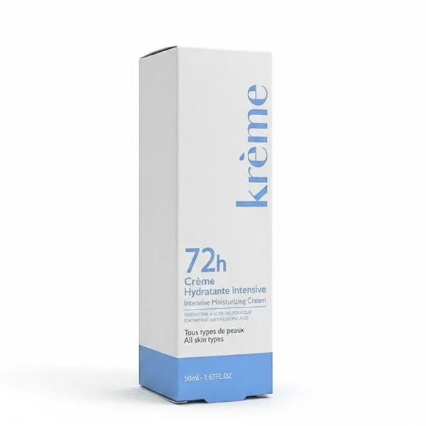 Boîte blanche et bleue Krème crème hydratante intensive 72h 50 ml