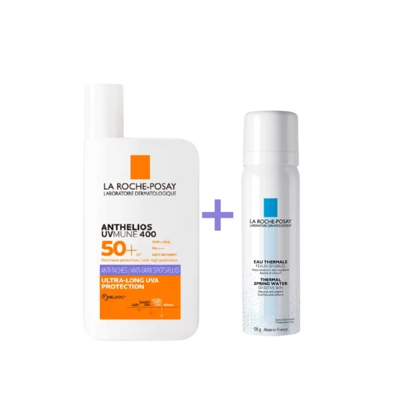 Flacon fluide Anthelios UVMune 400 SPF50+ et spray Eau Thermale La Roche-Posay