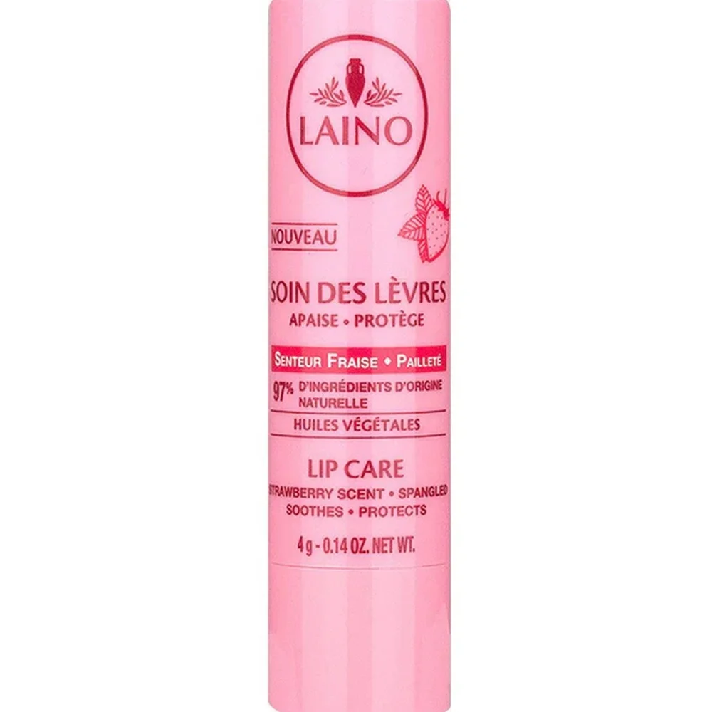 laino-soin-levres-fraise-4g.jpg Stick rose Laino Soin des Lèvres senteur fraise avec illustration de fraise