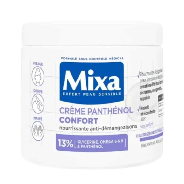 Pot blanc et violet Mixa crème panthénol confort nourrissante anti-démangeaisons