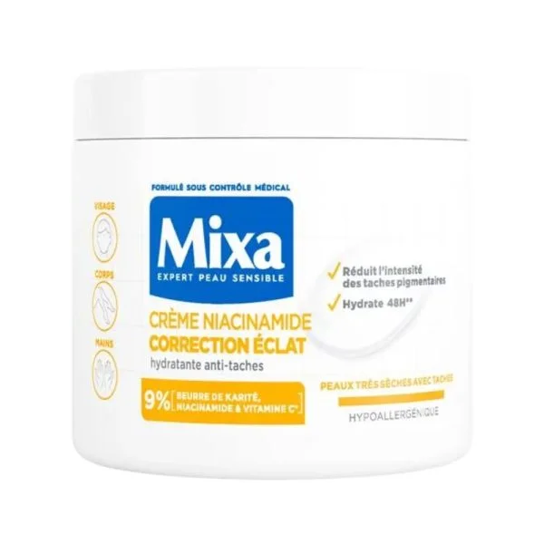Pot blanc Mixa crème niacinamide correction éclat, bandeau bleu et jaune