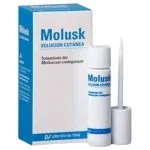 Étui Molusk solution cutanée Laboratorios Viñas, flacon blanc et applicateur à pointe fine