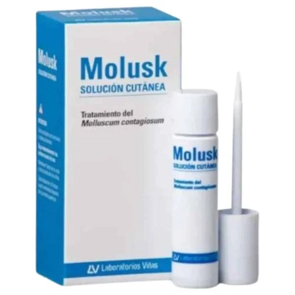 Étui Molusk solution cutanée Laboratorios Viñas, flacon blanc et applicateur à pointe fine