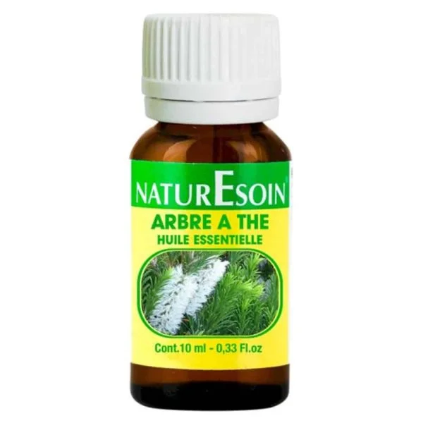 Flacon verre ambré NaturEsoin huile essentielle arbre à thé 10 ml étiquette verte