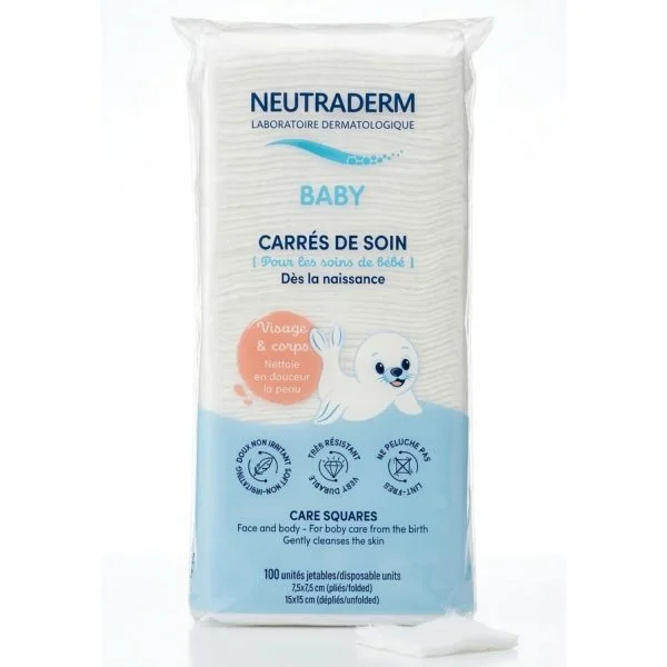 Sachet blanc et bleu Neutraderm Baby carrés de soin 100 unités jetables