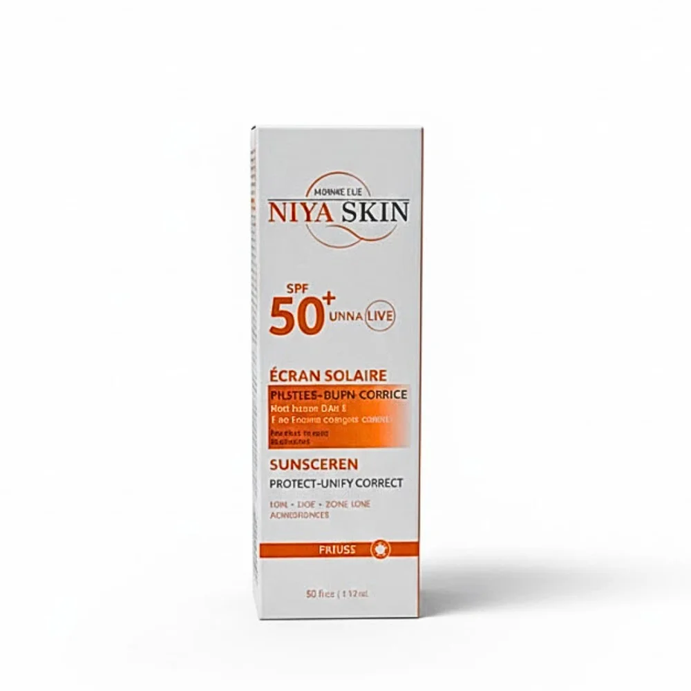 niya-skin-ecran-solaire-3en1-anti-tache-50ml.jpg Étui blanc et orange Niya Skin écran solaire SPF 50 plus