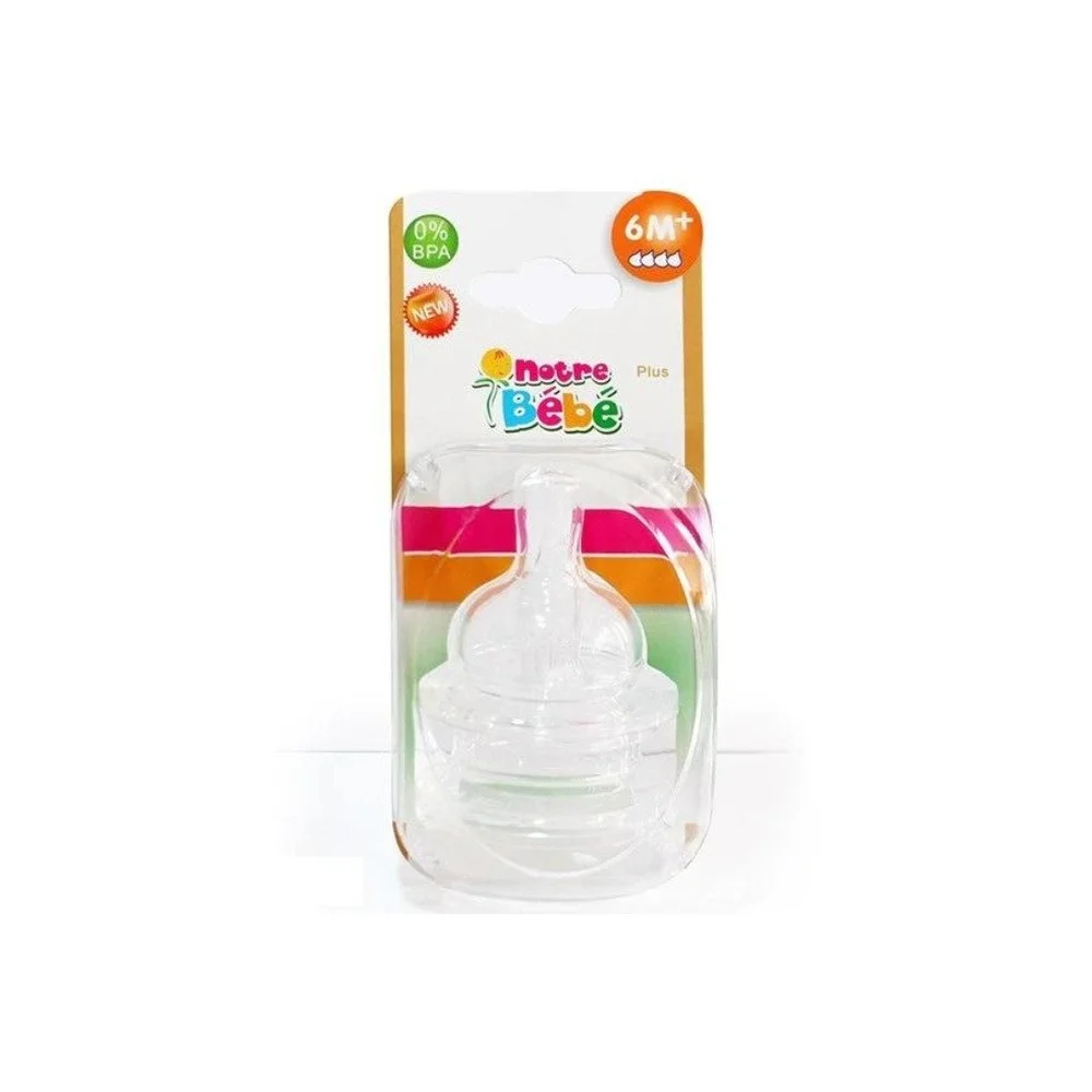 notre-bebe-2-tetines-debit-6m-variable.jpg Blister Notre Bébé tétine silicone transparente pour biberon col standard