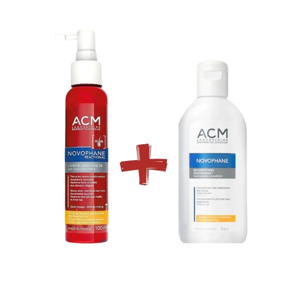 novophane-lotion-reactional-100mlshamp-energisant-pack-1.jpg Lotion ACM Novophane Reactional rouge 100 ml et shampooing énergisant Novophane blanc