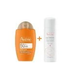 Flacon orange Avène Ultra Fluid Perfecteur SPF50+ et spray eau thermale