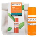 Flacon orange écran solaire Bella Aurora SPF50 et trousse en toile beige
