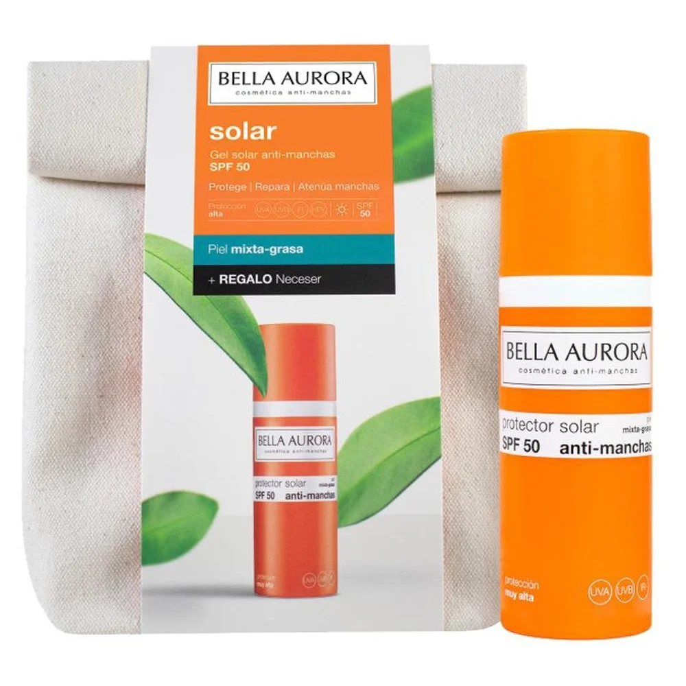 pack-bella-aurora-ecran-spf-50-pmg-50ml-trousse.jpg Flacon orange écran solaire Bella Aurora SPF50 et trousse en toile beige