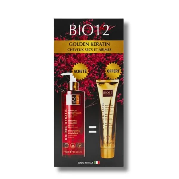 Pack BIO12 Golden Keratin Shampooing Réparateur 400ml + Masque Réparateur Offert