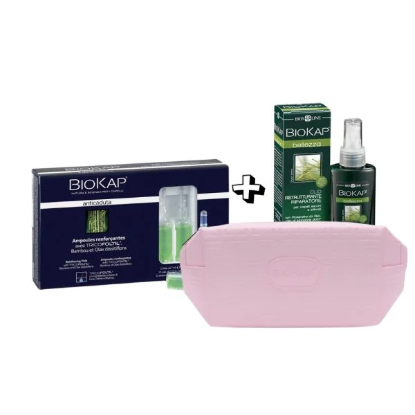 Boîte d'ampoules BioKap, huile restructurante en spray et trousse rose BioKap