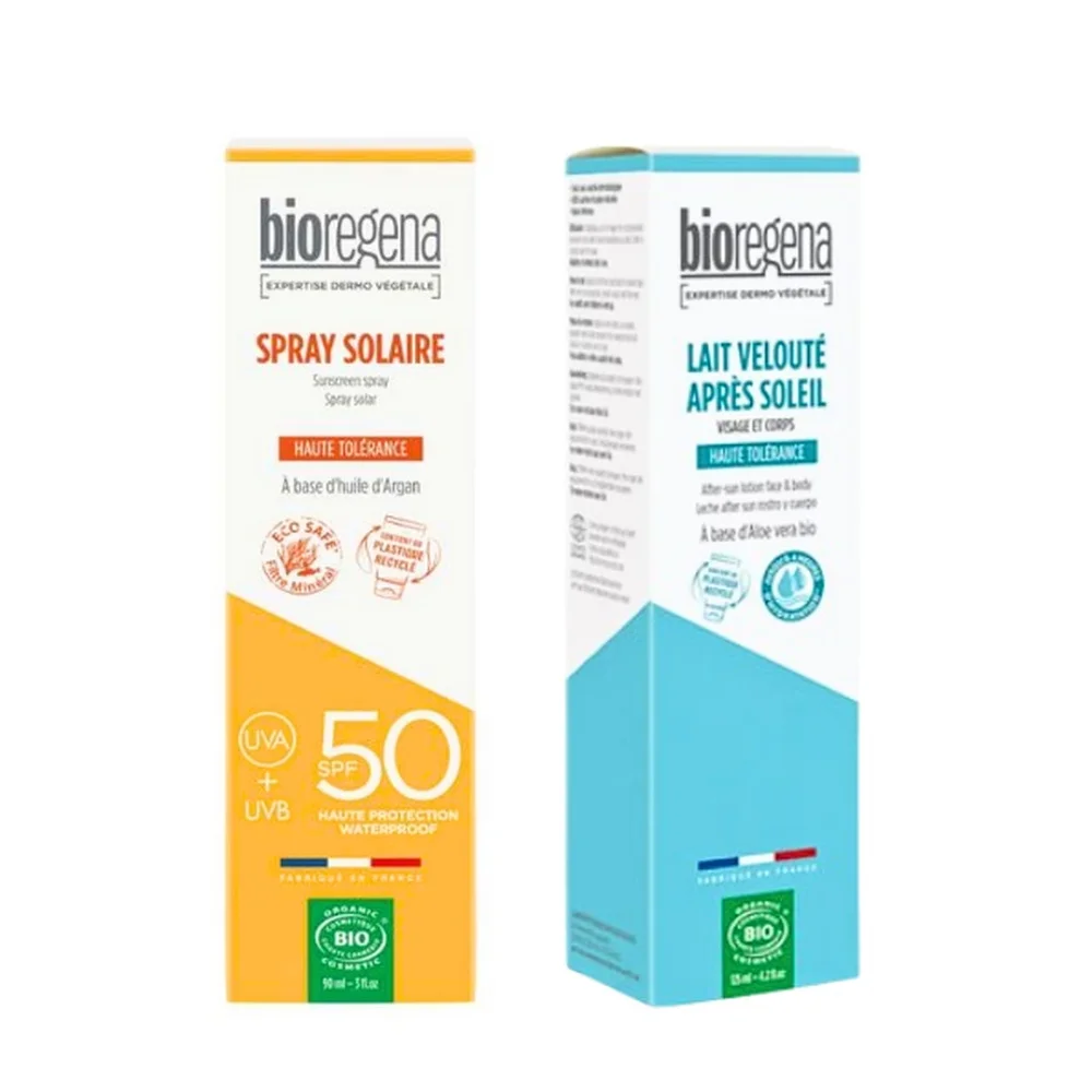 pack-bioregena-duo-pack-spray-solaire-90mllait-veloute-125ml-50.jpg Étuis Bioregena spray solaire SPF 50 orange et lait velouté après-soleil bleu