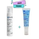 Flacon-pompe D-Biotic Eclabiotic et tube soin solaire teinté SPF50+ bleu
