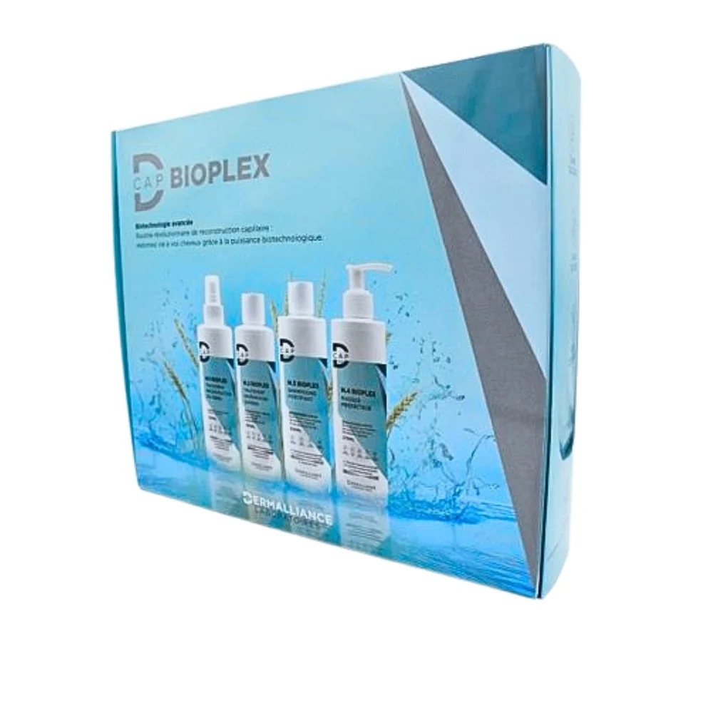 pack-dermalliance-dcap-bioplex-coffrettraitfibretraitsupremeshamp-fortimasque.jpg Coffret bleu Dermalliance DCAP Bioplex avec quatre flacons de soins capillaires