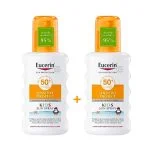 Deux flacons spray solaire Eucerin Kids SPF50+ blancs à bouchon orange