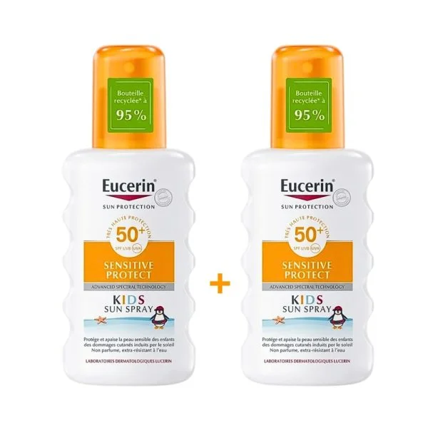 Deux flacons spray solaire Eucerin Kids SPF50+ blancs à bouchon orange
