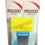 Étuis Pouxid lotion et shampooing avec boîte de peigne anti-poux et étiquette promotion